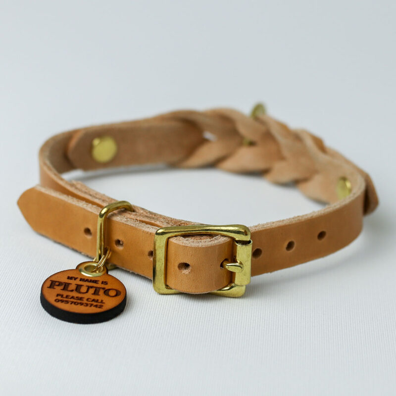 Hundhalsband med namn i läder - natur