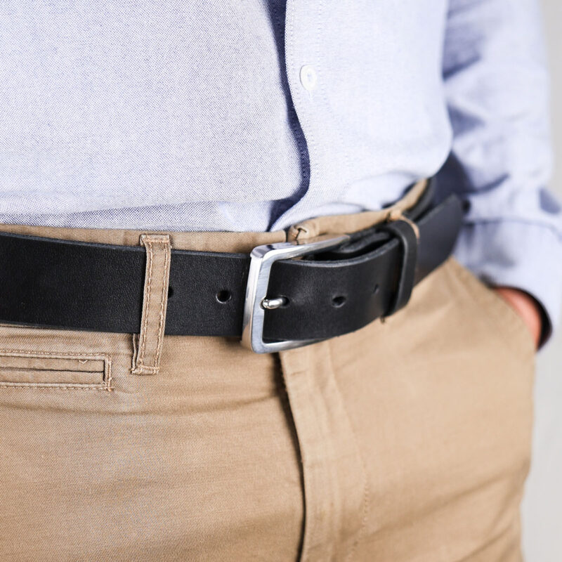 Erik Black Leather Dress Belt Close Up Top