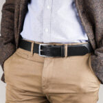 Erik Black Leather Dress Belt Close Up With Jacket Left