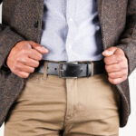 Erik Black Leather Dress Belt with Jacket open close up