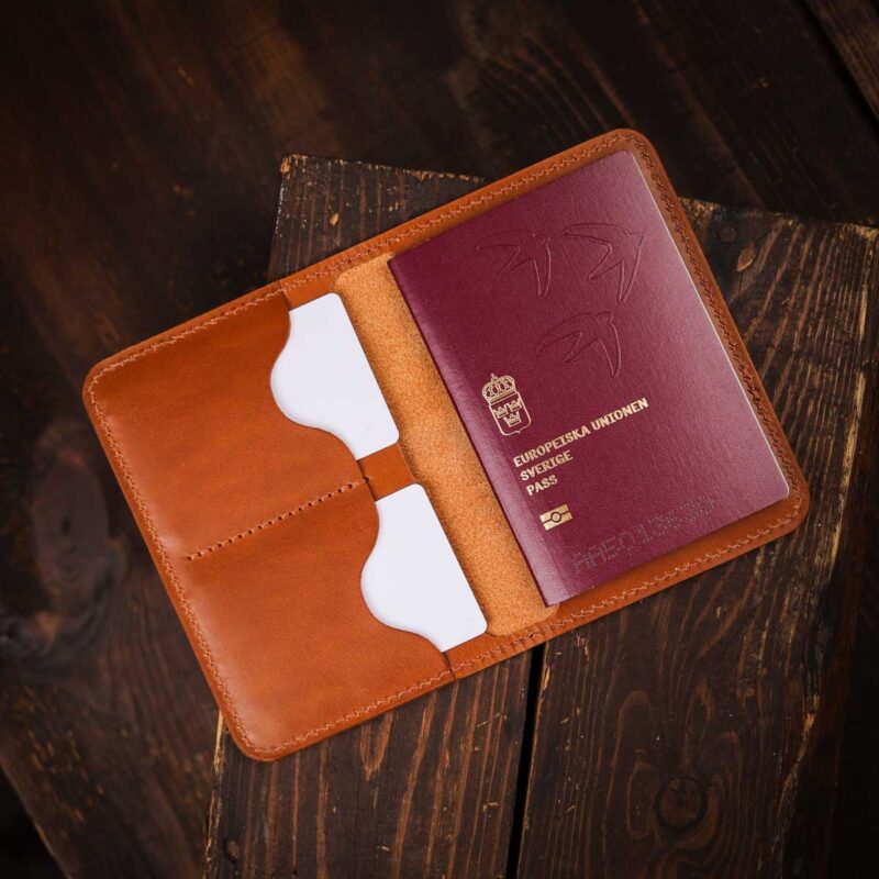 Leather Passport Wallet Brown with passport and cards