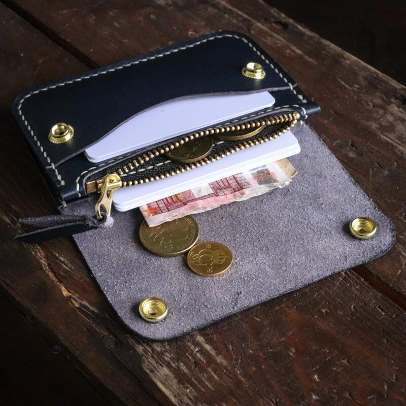 Leather trucker wallet blue with coins open