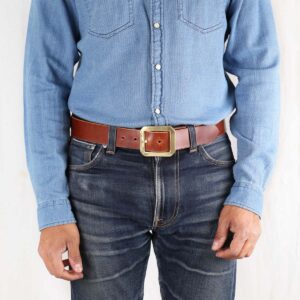 Nils Brown Leather Belt with Brass Buckle Front