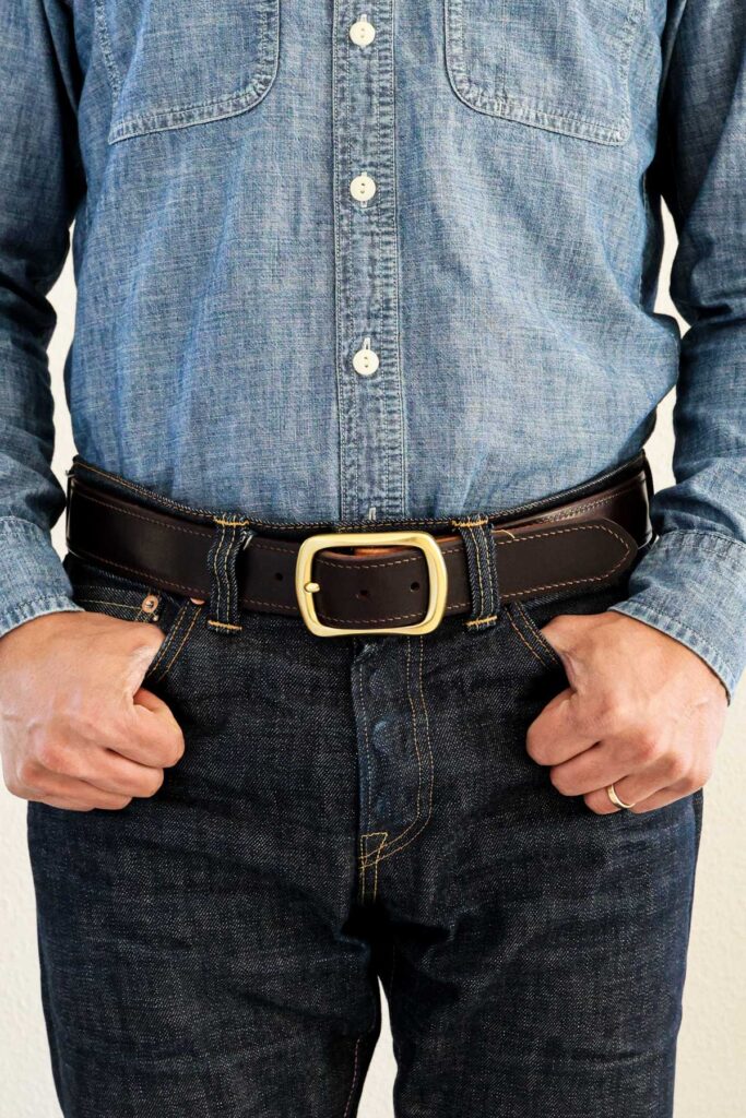 Roughout Suede Tan Inside Dark Brown on denim