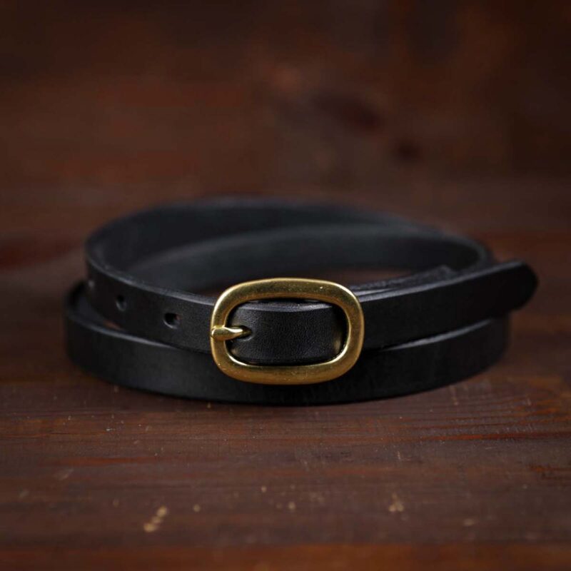 Sara black skinny leather belt with brass buckle