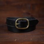 Sara black slim leather belt with brass buckle