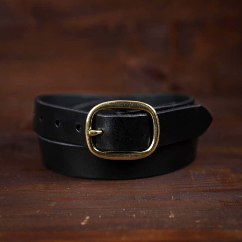 Sara black slim leather belt with brass buckle