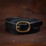 Sara black thin leather belt with brass buckle