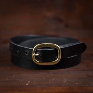 Sara black thin leather belt with brass buckle