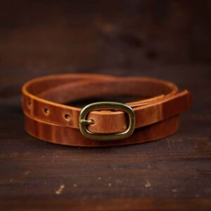 Sara brown skinny leather belt with brass buckle