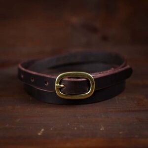 Sara dark brown skinny leather belt with brass buckle
