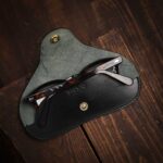 Slim Leather Glasses Case Black with glasses open