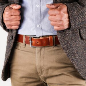 Vidar Brown Leather Dress Belt Jacket Closeup Left